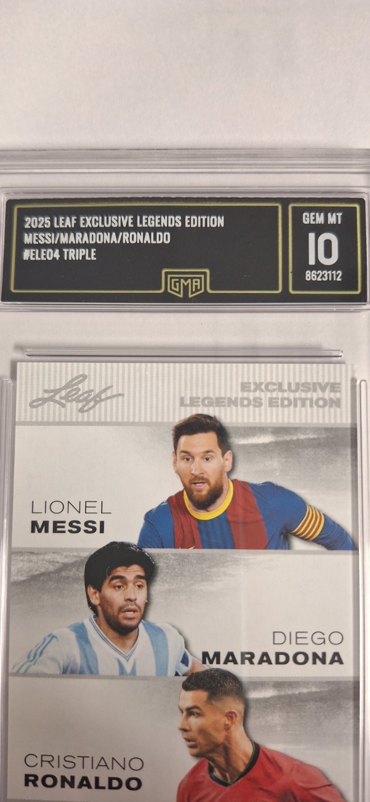 Leaf 2025 Exclusive Legends Edition Triple Messi Maradona Ronaldo #ELE-04 GMA 10 view 4