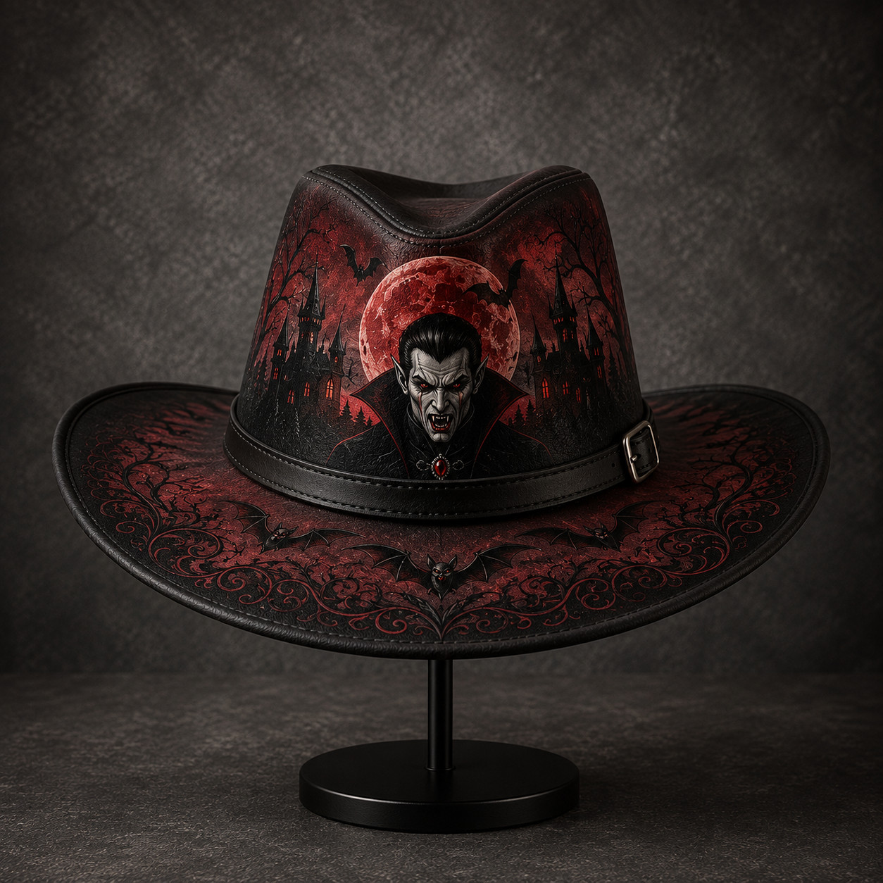 Sombrero de Vaquero Gótico de Cuero Vampiro Halloween Ala Ancha Occidental Estampado de Murciélago Disfraz