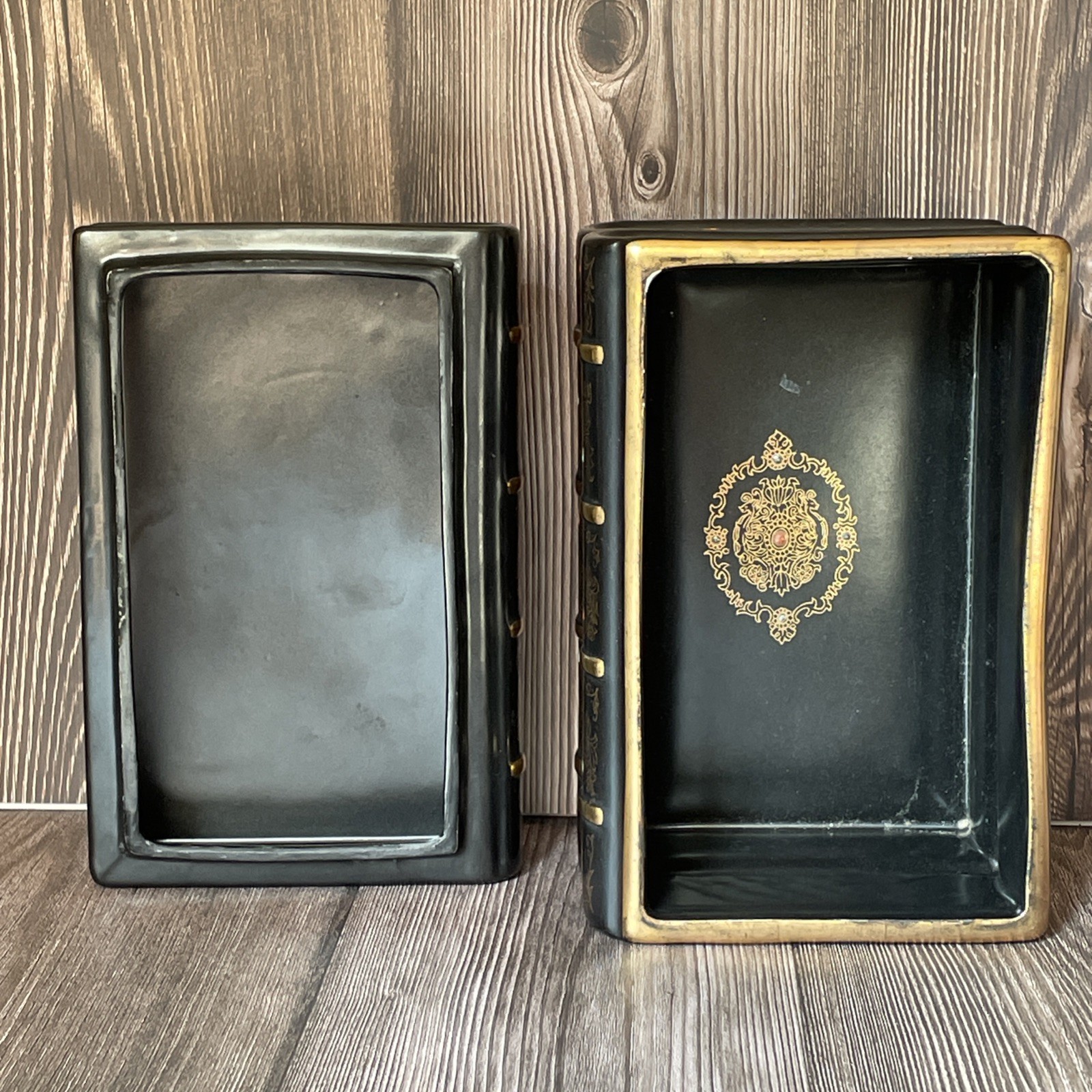 Decorative Book Shaped Ceramic Storage Trinket Box Black & Gold 7685