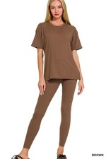 Zenana Women 2 Piece Lounge Set Brown Soft Stretch Top Pants Casual Outfit