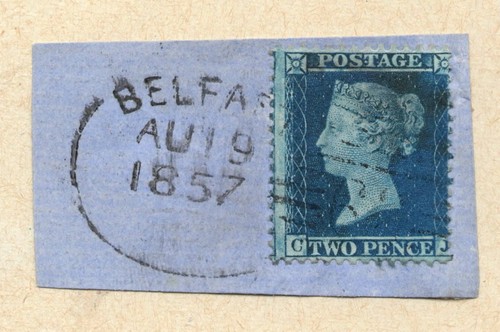 1857 2d BLUE On Piece with SCARCE BELFAST 62 SPOON Cancellation