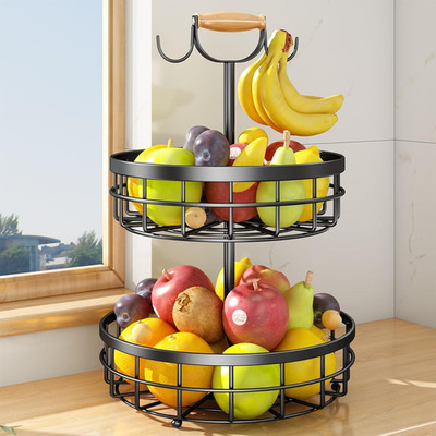 2-Tier Fruit Basket Bowl Vegetable Storage with 2 Banana Tree Hanger and Wood Li