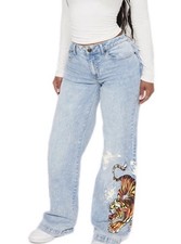 Pantalones de mezclilla elásticos de pierna ancha Y2K Ed Hardy Crawling Tiger - Retro lavado claro