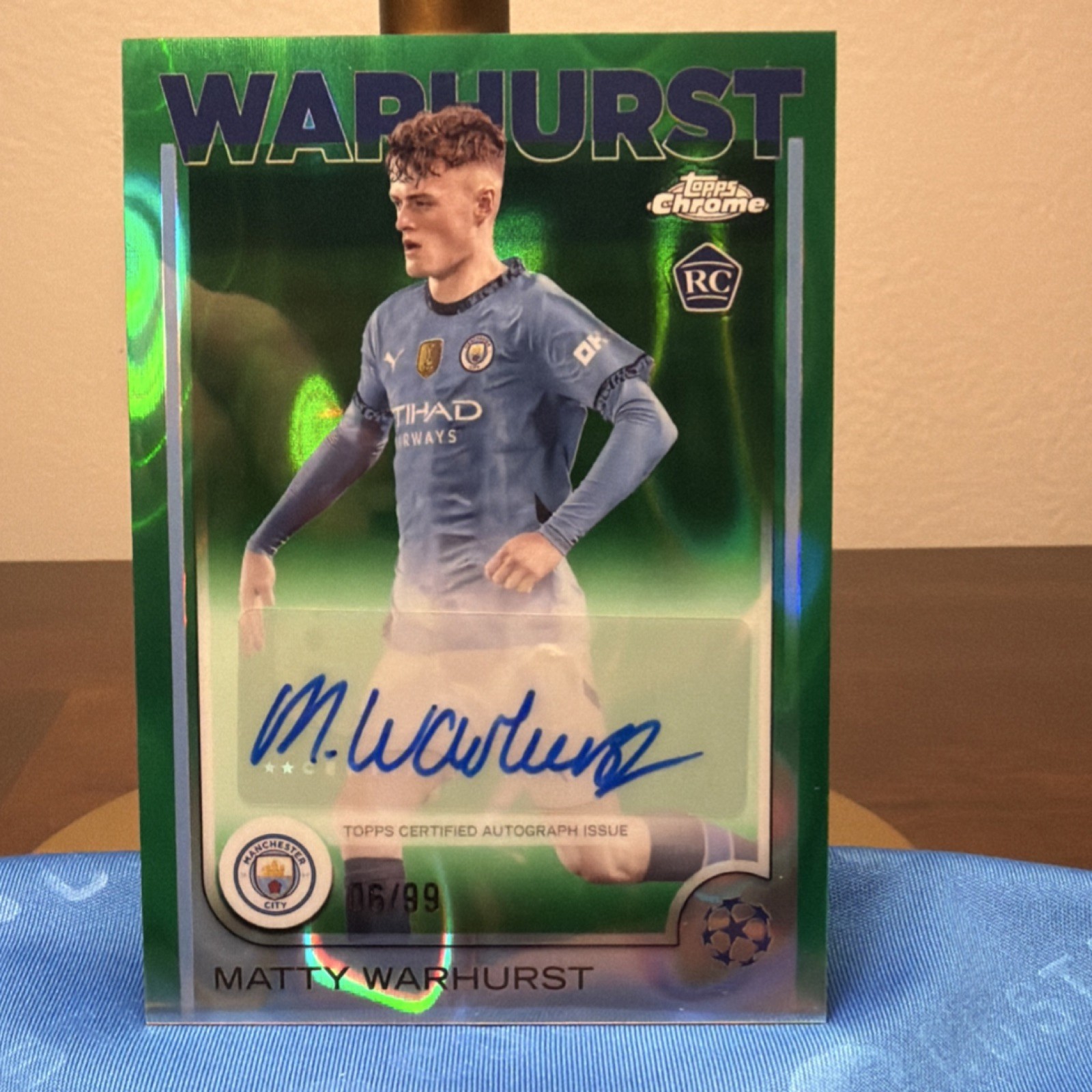 2024-25 Topps Chrome UCC Matty Warhurst Green RC Auto /99 #CA-MW Man City Rookie