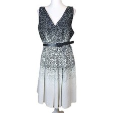 Kay Unger Fit Flare Dress Womens 18 Black White Dot Pleats Belt Faux Wrap Party