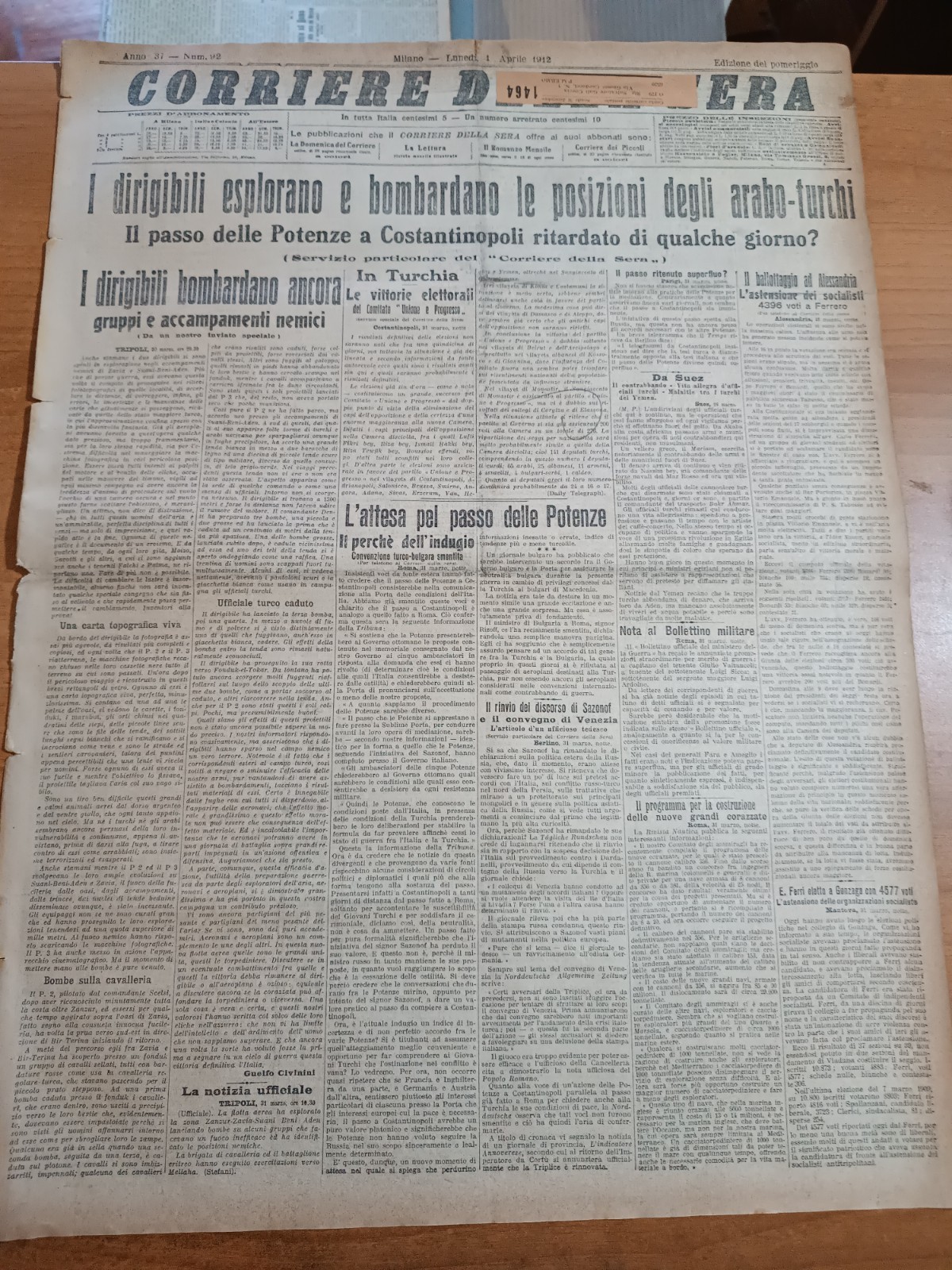CORRIERE della SERA 1/4/1912 Nostri dirigibili bombardano le postazioni nemiche