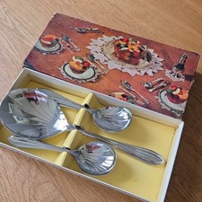 Vintage Set Chrome Plate on Nickel Silver - 7 Shell Shape Fruit Spoons & Server 