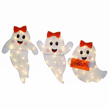 Halloween Lighted Ghost Set 3Pcs Cute Ghosts with LED Lights Bow Indoor Outdoor