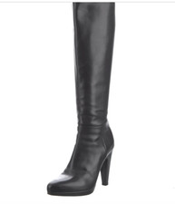 PRADA Heeled Leather Knee High Boots 37.5 7.5 US Black Side Zipper Pointed Toe