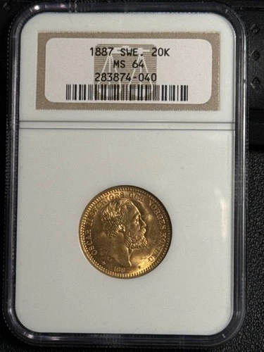 1887 SWEDEN Gold 20 KRONOR NGC MS-64 EB