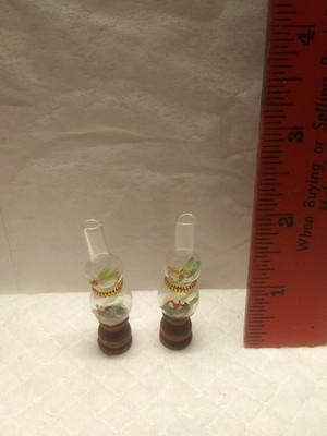 2 Vintage Dollhouse Miniature Artisan Made Wooden Based Lamps W/ Glass Shades