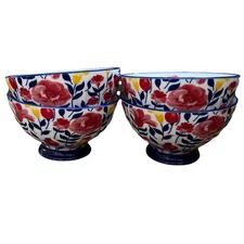 Potter’s Studio Blue and Red Floral Footed Cereal Bowls Set of 4 NEW