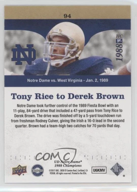 2017 Upper Deck Notre Dame 1988 Championship Blue /88 Tony Rice to Derek Brown - Image 2 of 2