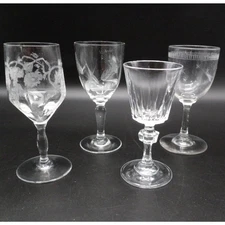 Set of 4 Vintage Cordial Glasses – Mismatched Clear Etched & Cut Glass Styles