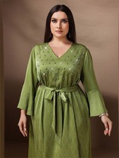 Islamic Women Long Robes Abaya Maxi Dress Kaftan Evening Rhinestone Plus Size