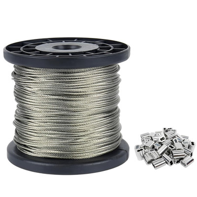 1/16in Stainless Steel Wire Rope 328FT 7x7 Aircraft Cable with 100 Crimp Sleeves