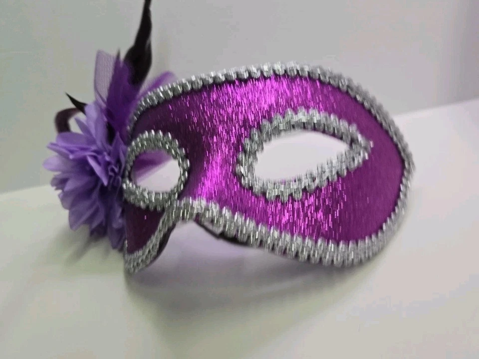 Purple Sequin with a Rose and Feather Masquerade Mask with Glider - Image 3 of 4