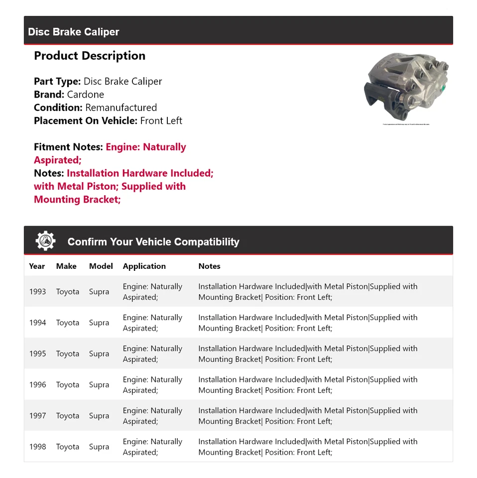 Pinza de freno izquierda para Toyota Supra 1993-1998 aspiración natural Fr Cardone Foto 2 de 4