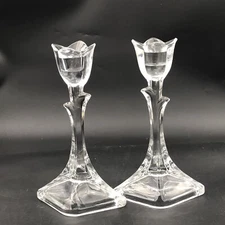 Pair of Tuscany Tulip Candlesticks Lead Crystal Clear Candle Holders Vintage- W1