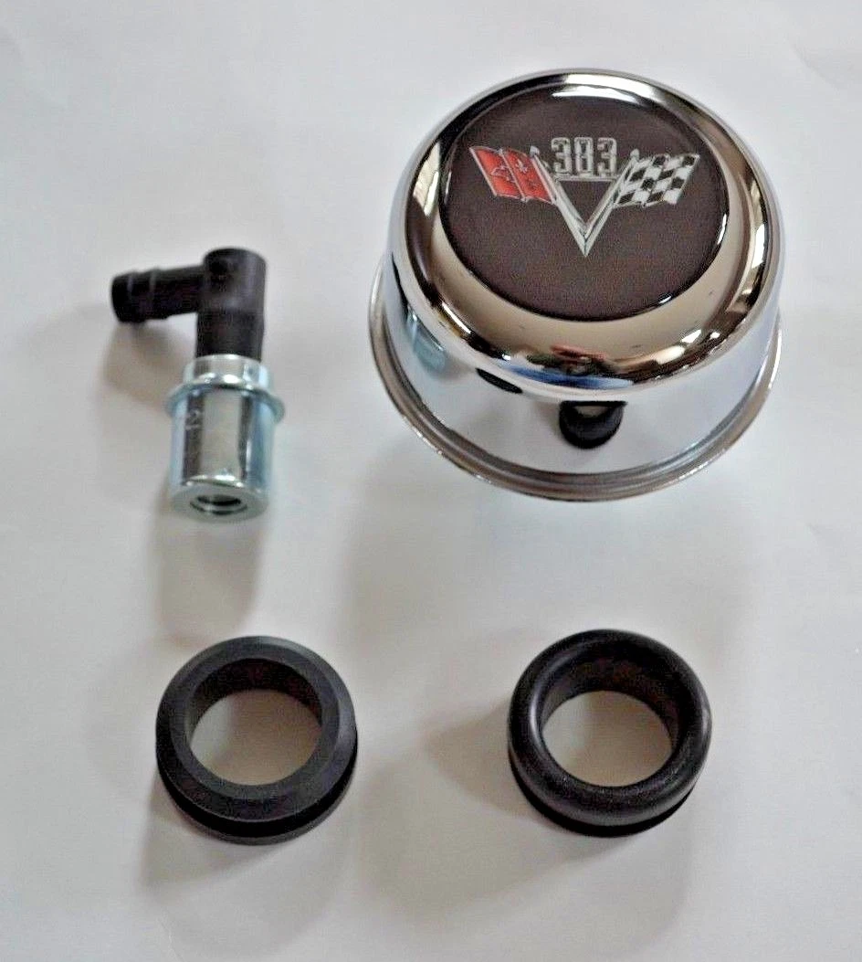 Chrome Valve Cover Breather Grommet PCV Valve CHEVY 383 FLAGS LOGO BLACK NEW