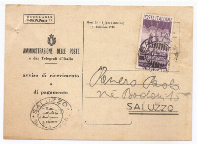 Broadcasting l.20 on receipt notice Post 20/07/1950 Saluzzo