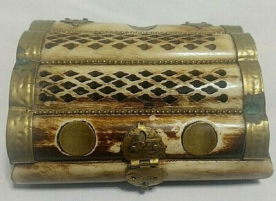 Vintage Camel Bone Brass Trinket Jewelry Box Handmade India 5''x 2'' x 3 3/4''  GUC