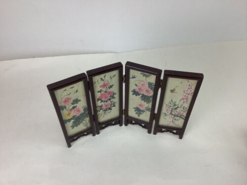 VINTAGE JAPANESE MINI FOLDING SCREEN 4 PANEL GLASS DIVIDER MINIATURE ART JAPAN - Picture 3 of 3