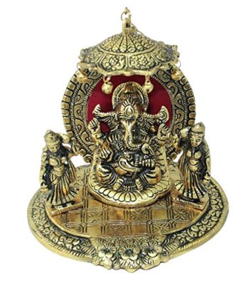 Metal Sitting Lord Ganesh Under Umbrella with Goddess Ridhi and Sidhi Showpiece