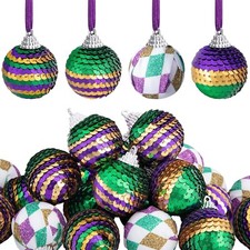 24 PCS Mardi Gras Sequin Ball Ornaments-1.5 Inch Mardi Gras Shatterproof Hanging