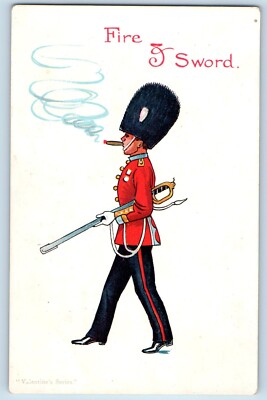 cigarette and sword Humor Postcard Scots Guard British Smoking Fire & c1910's sword in one hand cigarette
