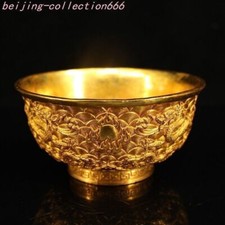5" old China dynasty bronze 24k gold Gilt dargon loong Tea cup Bowl Bowls statue