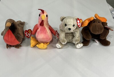 Lot of 4 TY Beanie Babies Toy Collectible including Rooster Moose Bear & Bird