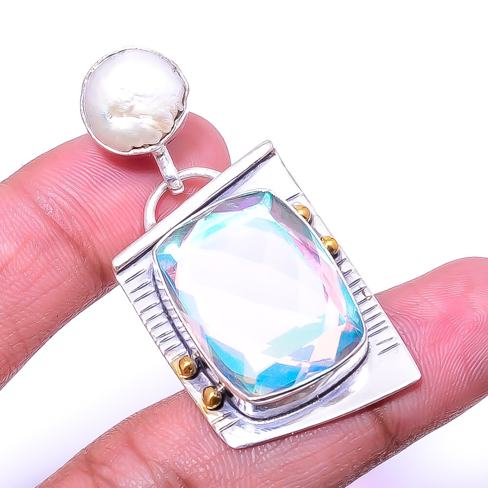 Aura Rainbow Mystic Fire Topaz 925 Sterling Silver Two Tone Pendant 1.95