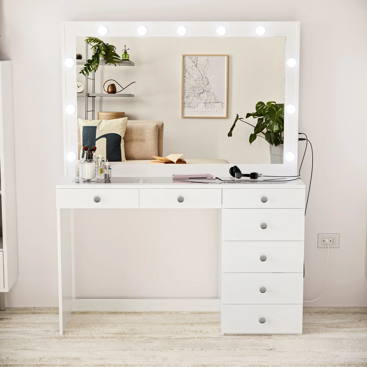 Vanity Makeup Table with Mirror Glass Top Light Bulbs 7 Drawers