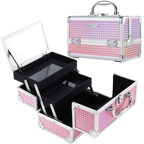 Makeup Train Case - Cosmetic Case Organizer with 2 Trays, Lockable Mirror, Gl...