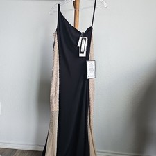 Ladivine Black Nude One Shoulder Beaded Gown Jersey Maxi Dress Size 8 Sleeveless