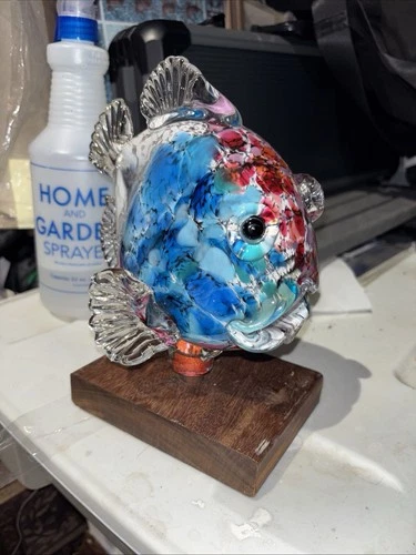 Hand Blown Art Glass Fish Sculpture Multicolor Murano Style on Wood Base