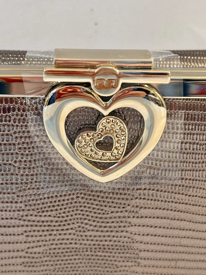 Cartera sin asas OMNIA cristal plata charol con estrás bloqueo de corazón - Nueva en caja Foto 2 de 4