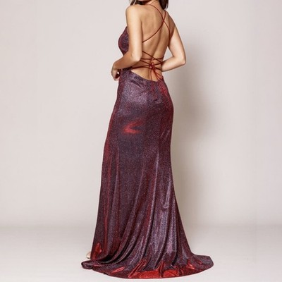 Amelia Couture Prom Burgundy Glitter Dress Lace Up Open Back Slit Gown Long Sz 6