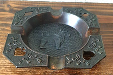 Antique Square Terrier Dog Ashtray. With Corner Card Suit Symbols.