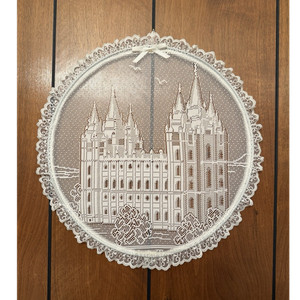 Handmade Lace Doily w/ Salt Lake City Temple Design Decorative 14 Inch Diameter