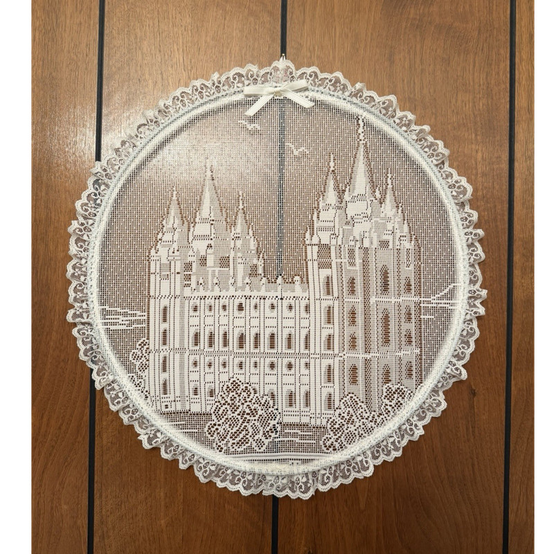 Handmade Lace Doily w/ Salt Lake City Temple Design Decorative 14 Inch Diameter