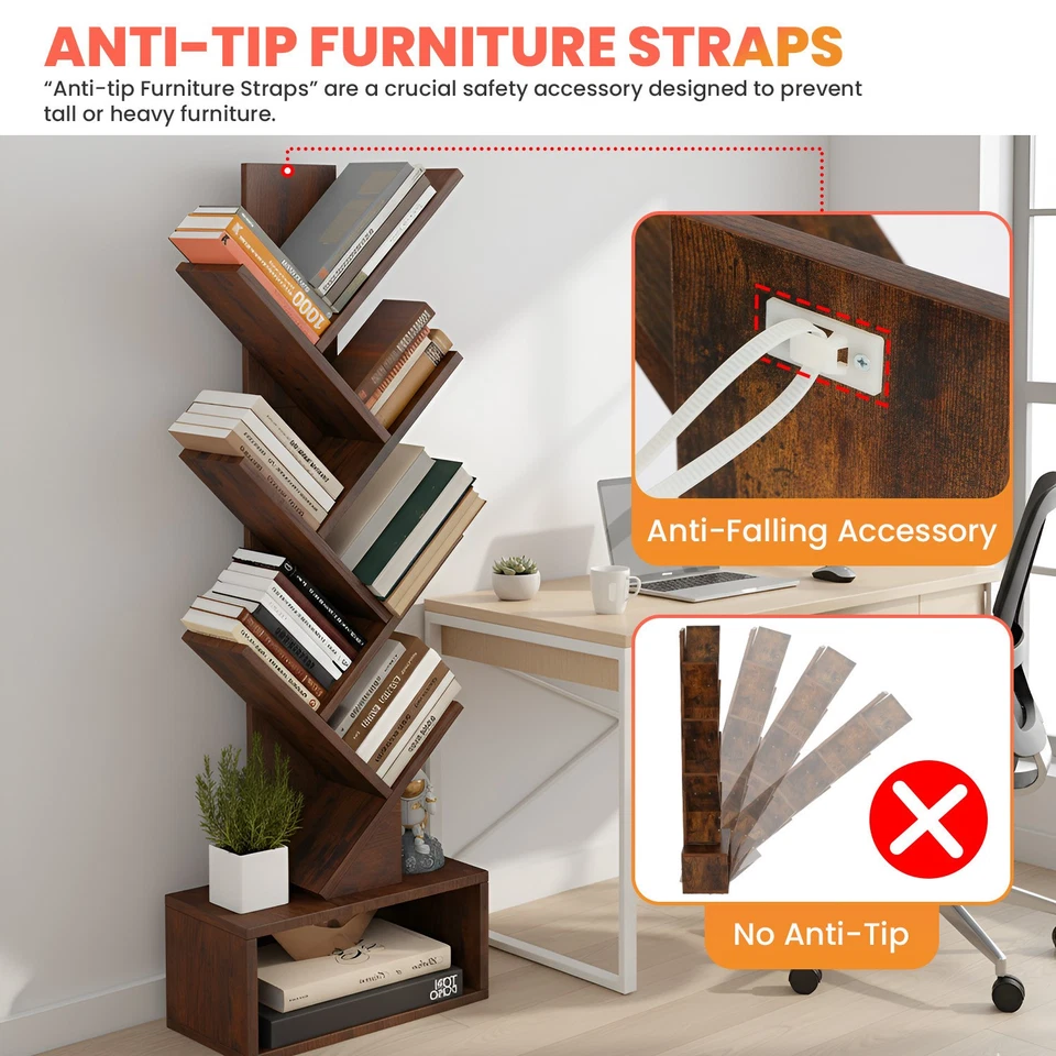 7 Tier Tree Bookshelf, Rustic Brown Floor Standing Bookcase with Storage Cabinet - Image 3 of 4