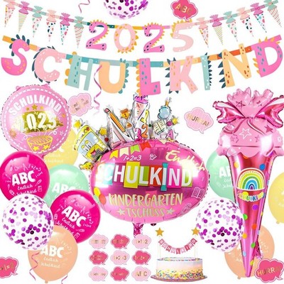 Einschulung Deko Set 2025: Girlande, Zuckertüten, Luftballon, Konfetti - Schu...