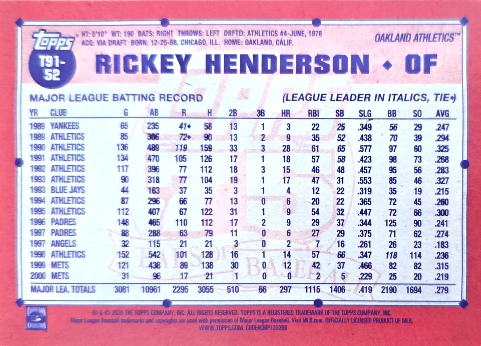 Lot De Cartes Topps Athletics 9 2026 Rickey Henderson RC Nick Kurtz - Photo 3/4
