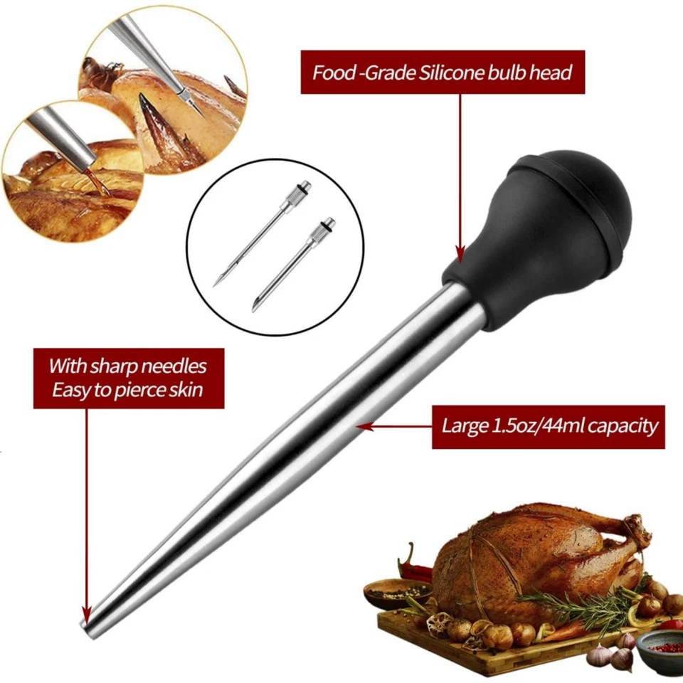Baster de pavo grande con aguja de cepillo de limpieza herramienta baster de acero inoxidable cocinero Foto 4 de 4