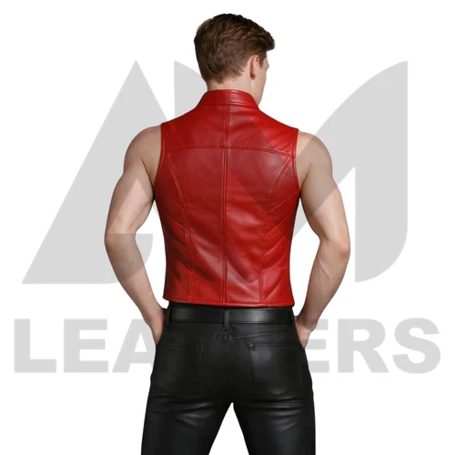 Mens Red Leather Biker Vest Punk Waistcoat Motorcycle  Custom Made image 3
