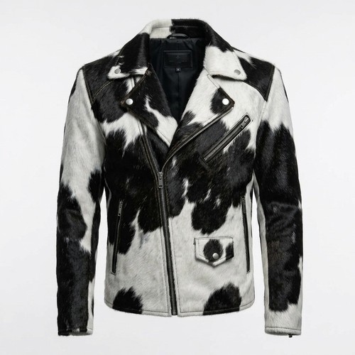 Men's Black & White Hair On Cowhide Leather Jacket Natural Hair Biker Jacket