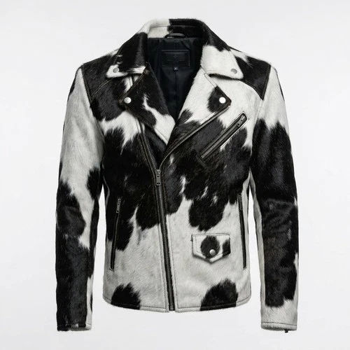 Men's Black & White Hair On Cowhide Leather Jacket Natural Hair Biker Jacket - product listing photo