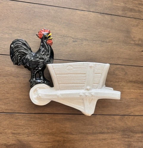 McCoy Pottery Cold Painted Black Red Rooster On Wheelbarrow Planter *READ*